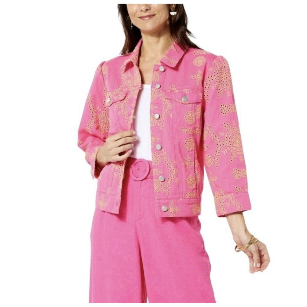 G by Giuliana Women's Black Label Puff-Sleeve Eyelet Jean Jacket Magenta Size 1X